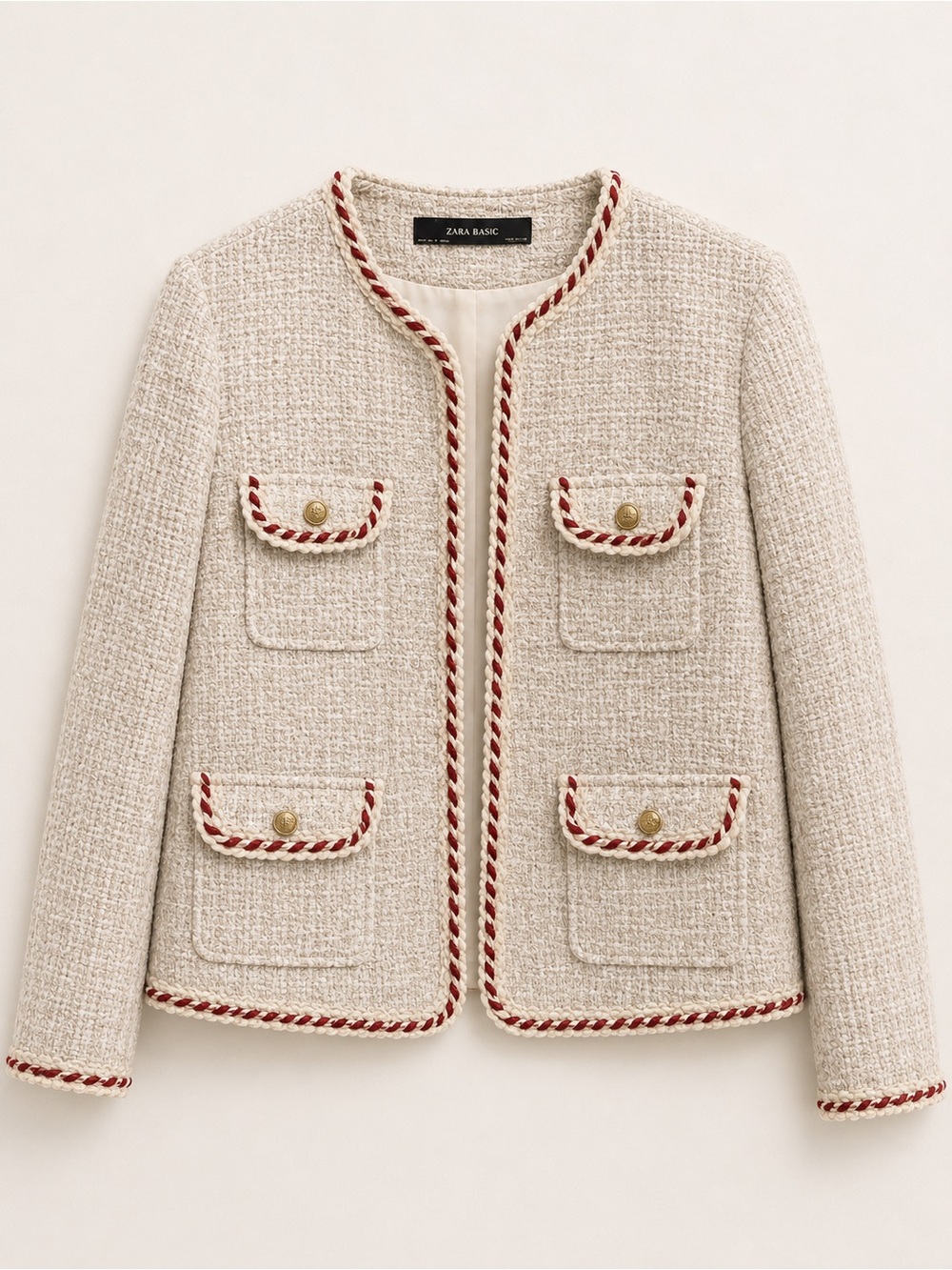 Zara Cream Tweed Boxy Blazer with Red-Trim Detail